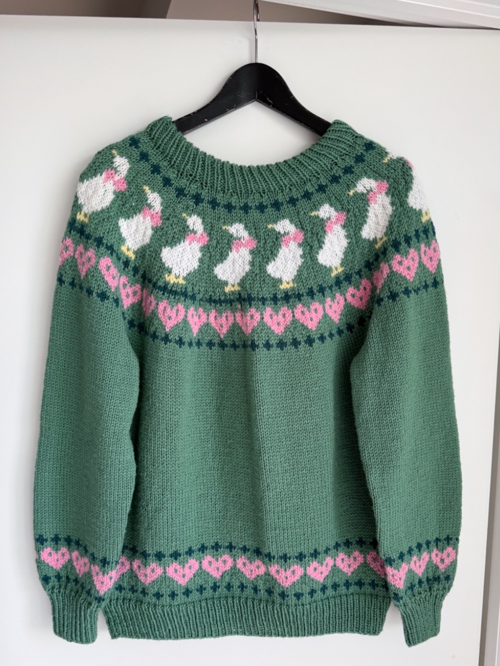 Vtg Handmade Chunky Knit Goose Heart Yoke Sweater Green Pink Novelty Cottagecore